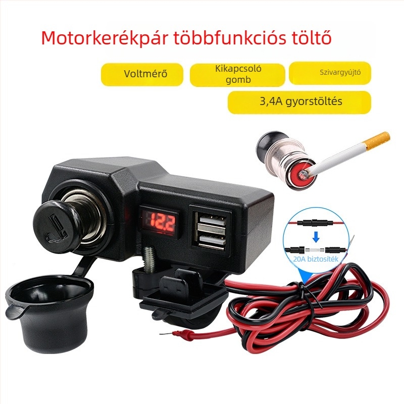 Motorkerékpártelefon-töltő kettős USB-vel és gyújtóval, 10-24V voltmérő kijelzővel