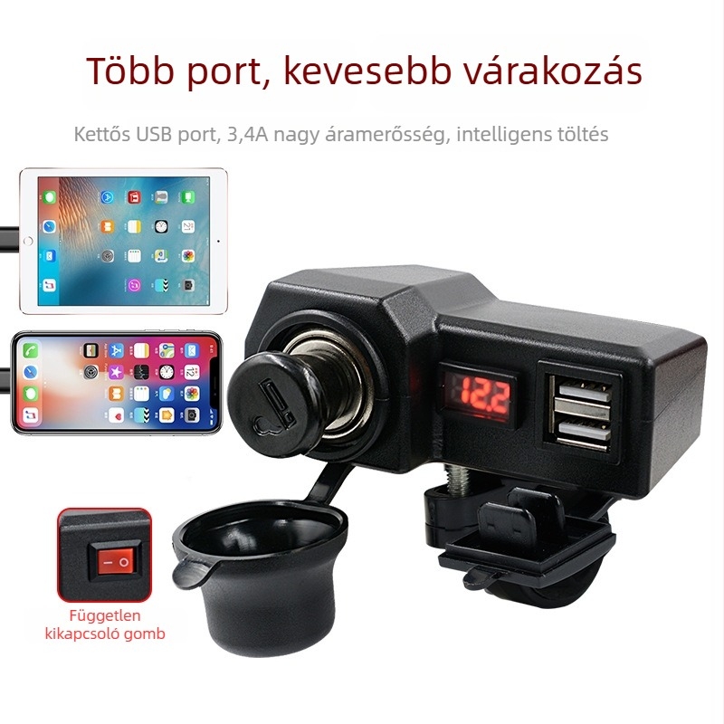 Motorkerékpártelefon-töltő kettős USB-vel és gyújtóval, 10-24V voltmérő kijelzővel