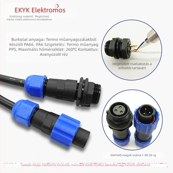 EKYK IP68 vízálló repülőgép-csatlakozó SD13/SP13, 1–7 pólus, aranyozott érintkezők, PA66 tűzálló szigetelőanyag