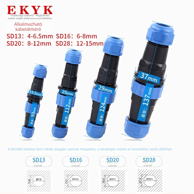 EKYK IP68 vízálló repülőgép-csatlakozó SD13/SP13, 1–7 pólus, aranyozott érintkezők, PA66 tűzálló szigetelőanyag