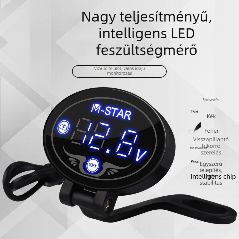 Motorkerékpár feszültségfigyelő LED-kijelzővel, vízálló voltmérő és feszültségriasztó detektor, 12–24V