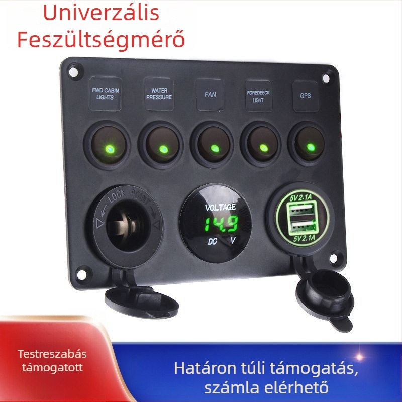 Yomi ZR0080332 5-pozíciós kapcsolós voltmérő, USB 4,2A, feszültség kijelző, autók, motorkerékpárok és hajók számára, 12–24V, alumínium + műanyag, súly 500 g