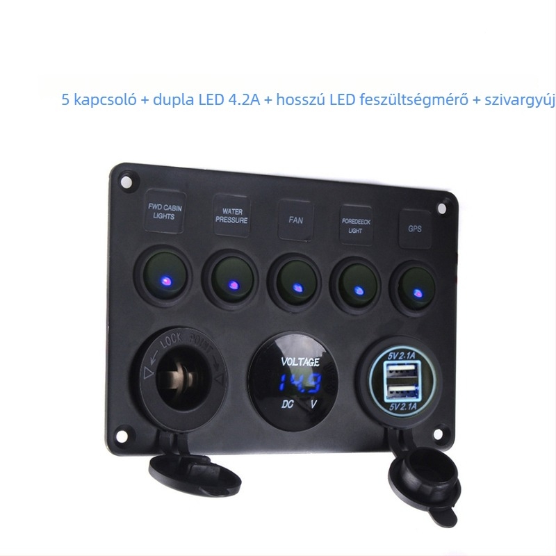 Yomi ZR0080332 5-pozíciós kapcsolós voltmérő, USB 4,2A, feszültség kijelző, autók, motorkerékpárok és hajók számára, 12–24V, alumínium + műanyag, súly 500 g
