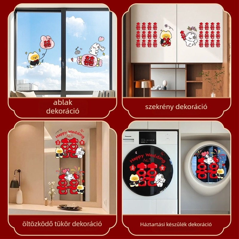 Esküvői statikus matrica ablakokra, üveg és tükrök számára – kettős boldogság motívummal, PVC anyag, ragasztószalaggal felhelyezhető, esküvői dekoráció