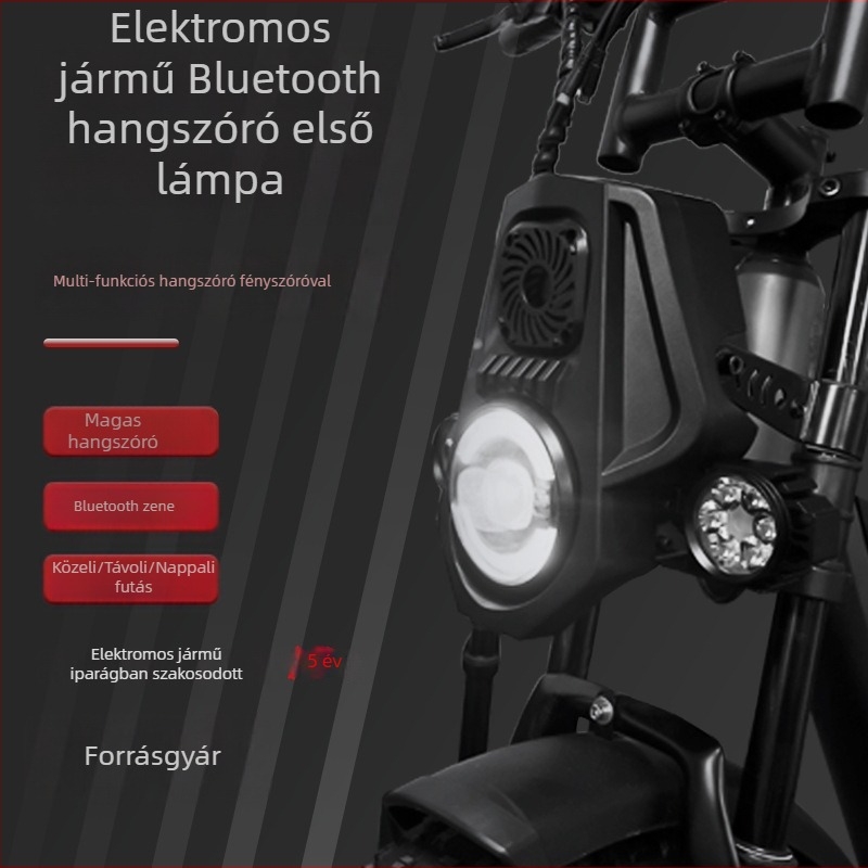 Juru Kd-01 LED elsőfény elektromos kerékpárok és terepmotorok számára – Bluetooth hangszóró, kürt, nappali fények, alacsony és magas fénysugár; 36V/0.33A vagy 48V/0.25A, IPx4, ABS+PC+alumínium ötvözet