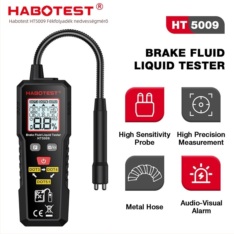 Fékfolyadék-tesztelő HT5009 - 2x AAA elemmel működik, üzemi hőmérséklet -20–60°C, modell HT5009