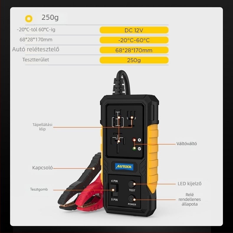 AUTOOL RT120 autórelé teszter 4- és 5-tűs relékhez, 12V