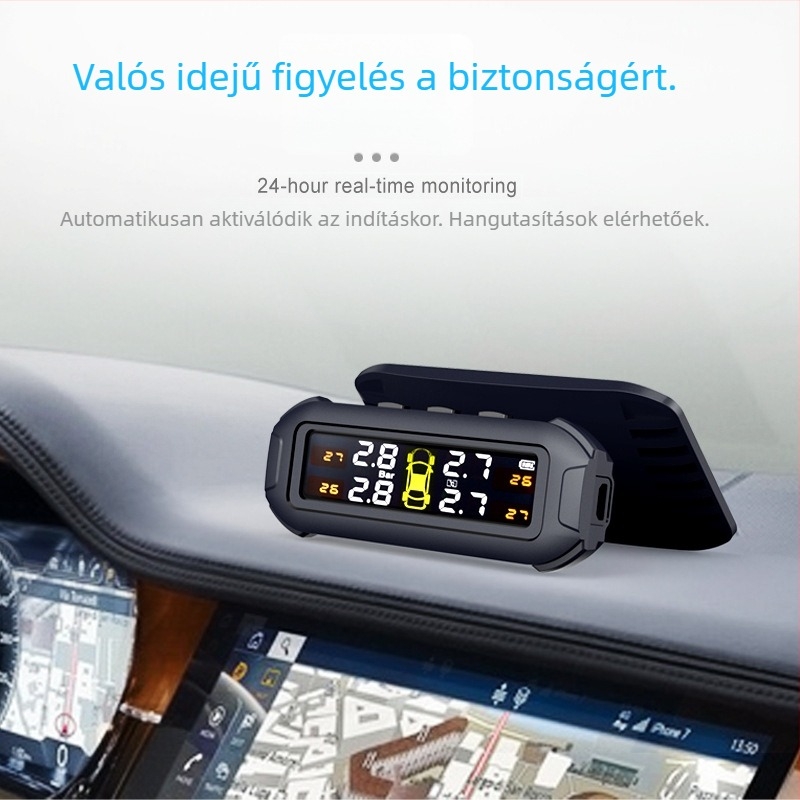 T9 digitális TPMS kisautókhoz — guminyomás-monitorozó rendszer, digitális kijelző, 0-3,5 bar tartomány