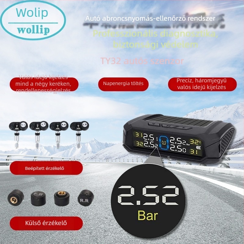 4 kerékes TPMS színes LCD kijelzővel, vezeték nélküli digitális guminyomásmérő, napelemes, beépített