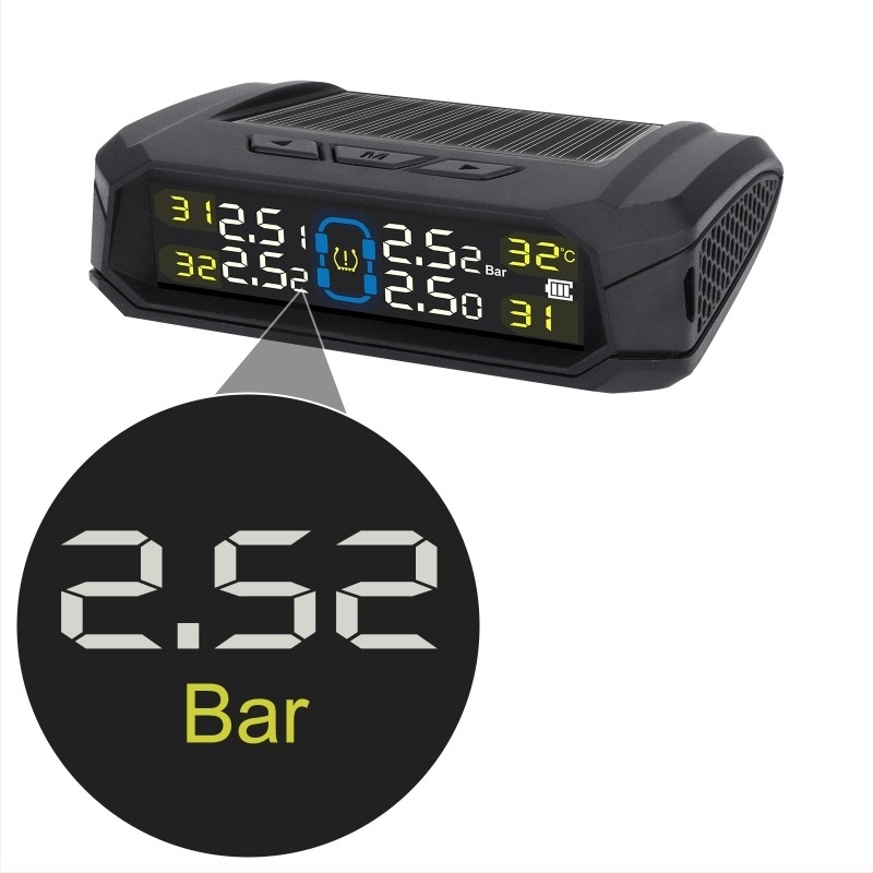 4 kerékes TPMS színes LCD kijelzővel, vezeték nélküli digitális guminyomásmérő, napelemes, beépített