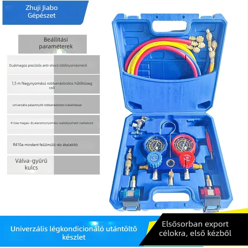 Kétszámlapos nyomásmérő hűtőberendezésekhez R22/R134a/R410a/R404A — precíz nyomásmérő, alacsony 1–3.5 MPa, magas 1–5.5 MPa, pontossági osztály S, menetes csatlakozás