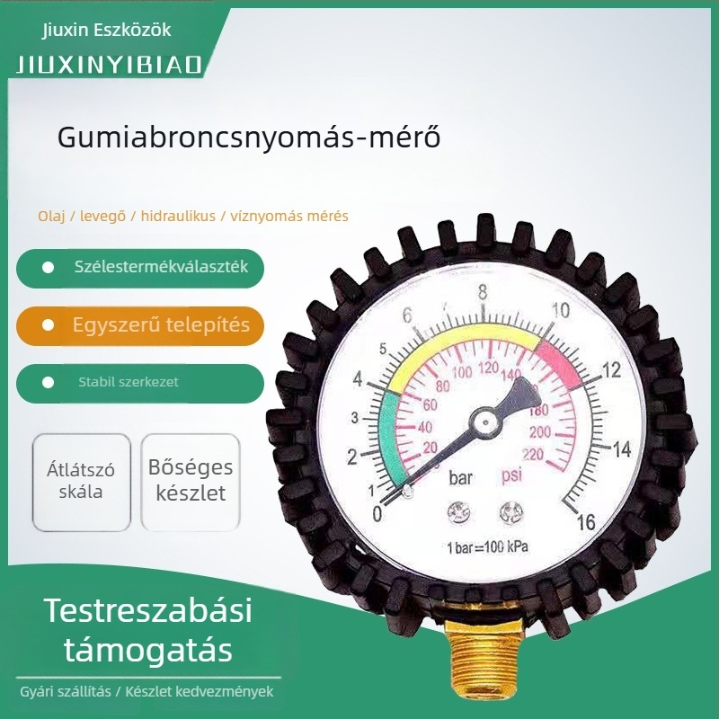 Autó gumiabroncsnyomás-mérő műanyag házban, modell Y60, márka Nine Letters, mérési tartomány 0–1.6, pontosság 1.0/1.6/2.5, csatlakozás radiális/axiális, környezeti hőmérséklet -15–50°C, testreszabás elérhető