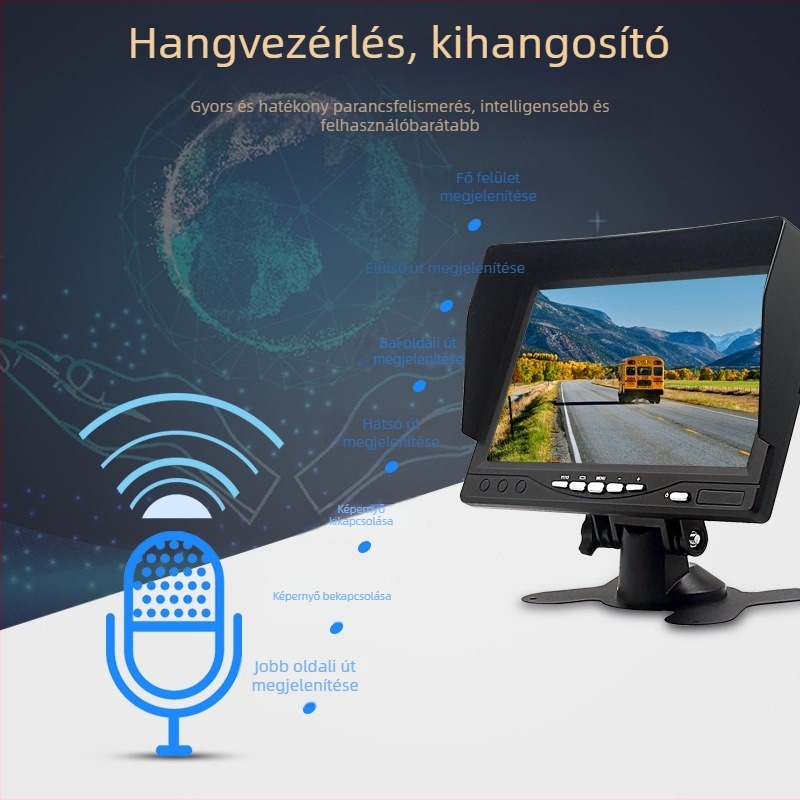 Négycsatorás teherautó-monitorozó rendszer HD kijelzővel, parkolásfigyelés és hangvezérlés
