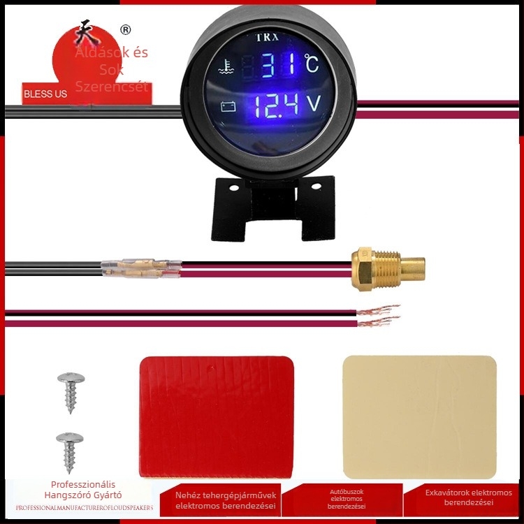 Két az egyben vízhőmérséklet- és voltmérő, kör alakú digitális LCD kijelző, pisztoly-stílusú, 12V/24V univerzális