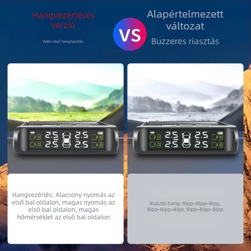 Gumiabroncsnyomás-figyelő — napelemes, vezeték nélküli, digitális kijelző, magas pontosság, 0–8 bar tartomány