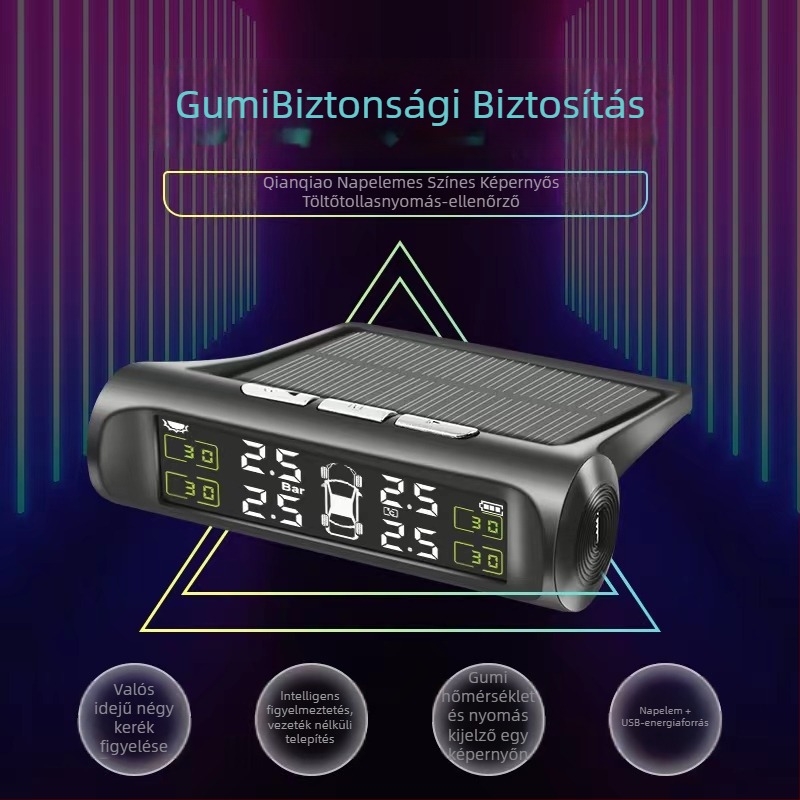 Gumiabroncsnyomás-figyelő — napelemes, vezeték nélküli, digitális kijelző, magas pontosság, 0–8 bar tartomány