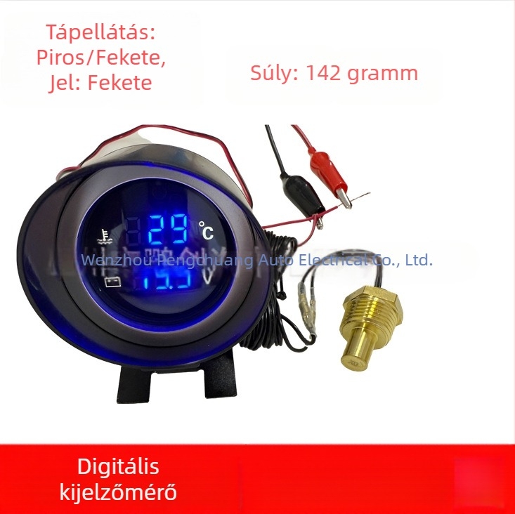 Kétfunkciós vízhőmérő és feszültségmérő, pisztoly alakú, körkörös digitális LCD kijelző, 9–36V, autóhoz