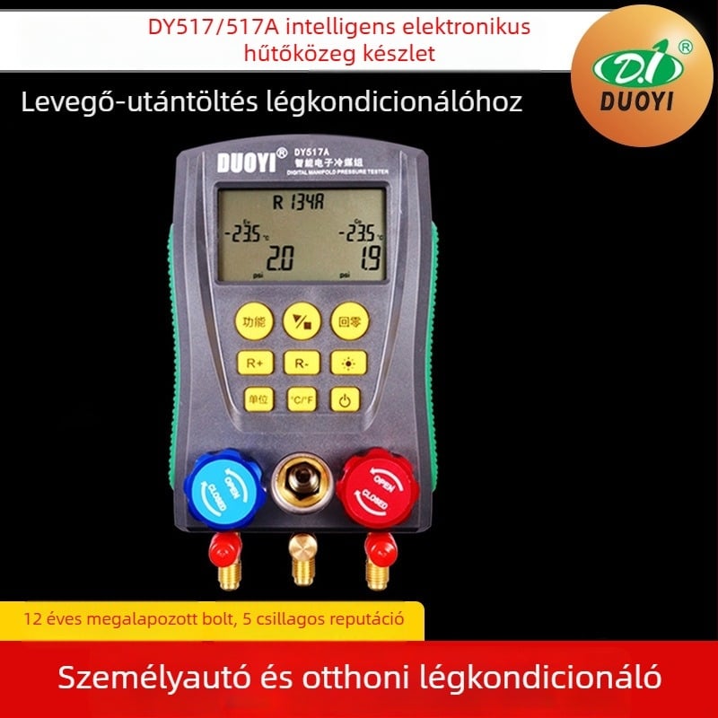 Digitális hűtőközegnyomásmérő készlet autó- és háztartási klímaberendezésekhez, karbantartási és töltési készlet, DY517A