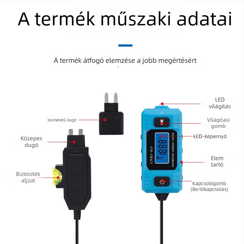 Autóbiztosíték áramdetektáló teszter, modell Tester, detektáló rendszer: autóbiztosíték