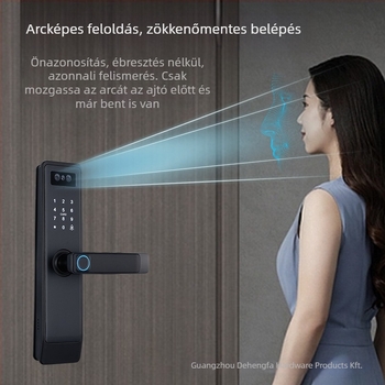 3D arcképekkel és videó interkommal ellátott okos zár fa ajtóra, Modell P15, 100 ujjlenyomat tárolás, >100000 nyitás, szkennelési idő 0,15 s, FA 0,1%, FR 0,1%