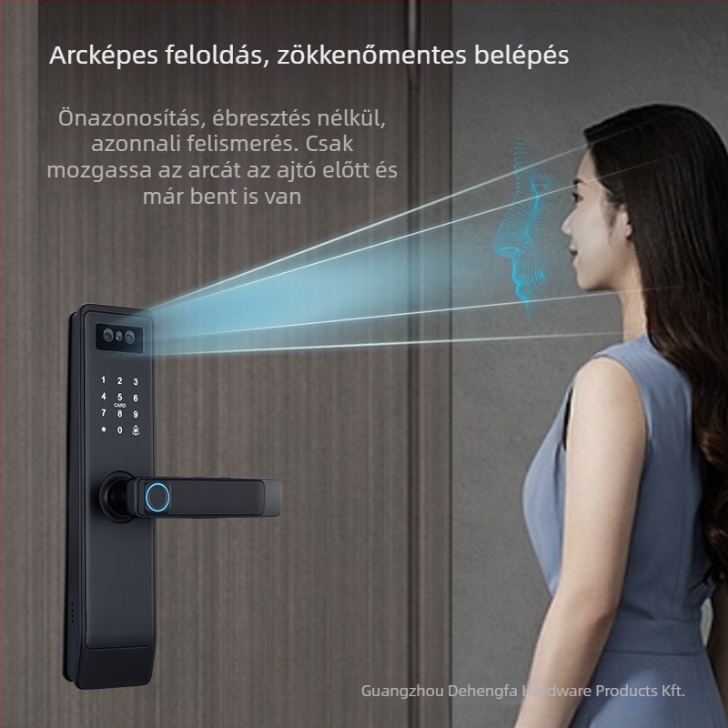 3D arcképekkel és videó interkommal ellátott okos zár fa ajtóra, Modell P15, 100 ujjlenyomat tárolás, >100000 nyitás, szkennelési idő 0,15 s, FA 0,1%, FR 0,1%
