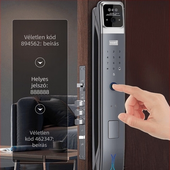 Okos elektromos ajtózár arcfelismeréssel és ujjlenyomattal, jelszóval és videóinterkommal – kültéri vízálló kivitel; 100 ujjlenyomat tárolás; akár 100000 nyitás; szkennelési idő <0,01 s; AC tápegység