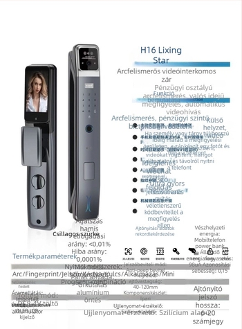 Okos elektromos ajtózár arcfelismeréssel és ujjlenyomattal, jelszóval és videóinterkommal – kültéri vízálló kivitel; 100 ujjlenyomat tárolás; akár 100000 nyitás; szkennelési idő <0,01 s; AC tápegység