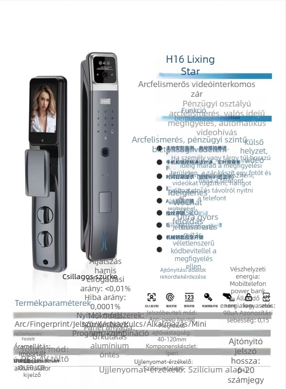 Okos elektromos ajtózár arcfelismeréssel és ujjlenyomattal, jelszóval és videóinterkommal – kültéri vízálló kivitel; 100 ujjlenyomat tárolás; akár 100000 nyitás; szkennelési idő <0,01 s; AC tápegység