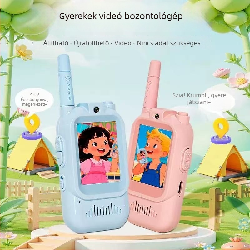 Gyermekeknek szánt hosszú hatótávolságú kültéri videóinterkom, 2.4 GHz RF, 16 csatorna, Wi‑Fi, 650 mAh akkumulátor