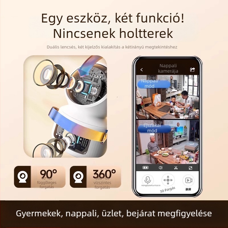 Fúrás nélküli beltéri megfigyelő kamera kettős lencsével, 1080p okos otthoni kamera (4G)
