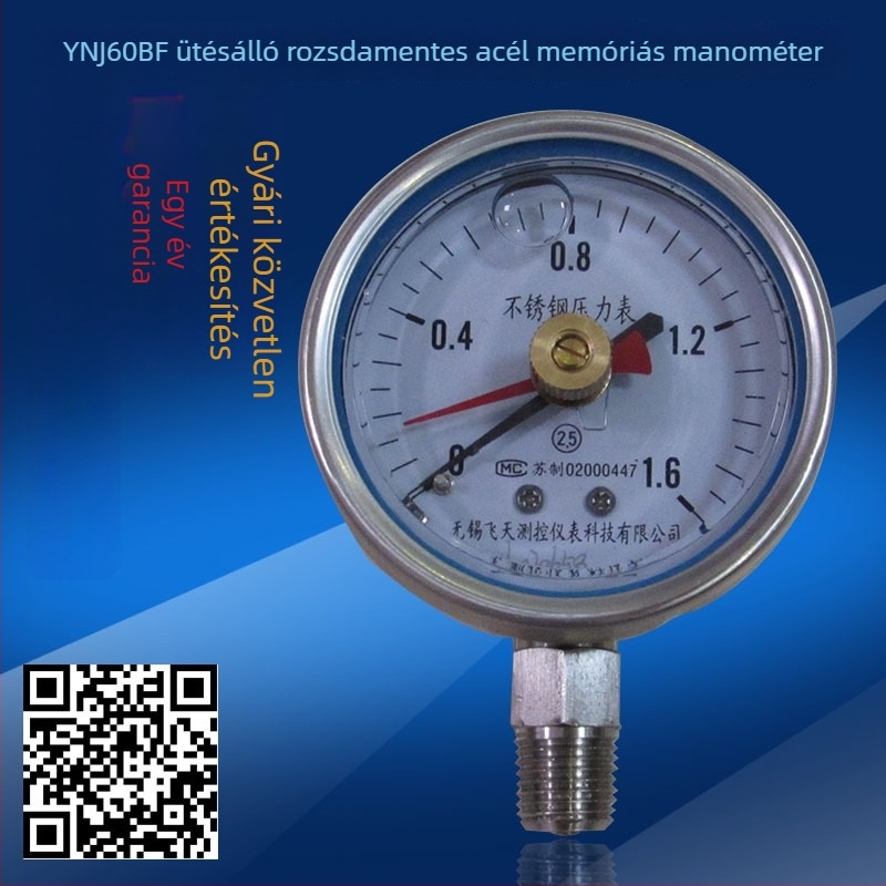 FTYLB YNJ60BF rozsdamentes acél memóriás nyomásmérő, kettős tűs memória, korrózió- és saválló, ütésálló, 0.4-60 MPa, 60 mm dial, menetes csatlakozás