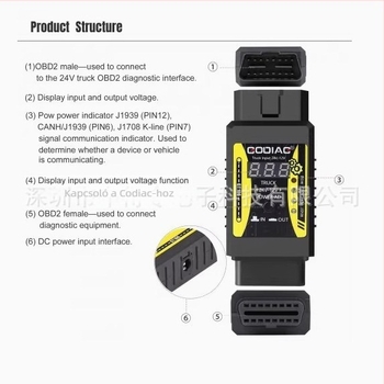 GODIAG GT106 24V-12V nehéz teherautó adapter, ECU diagnosztika, bemenet 12-36V