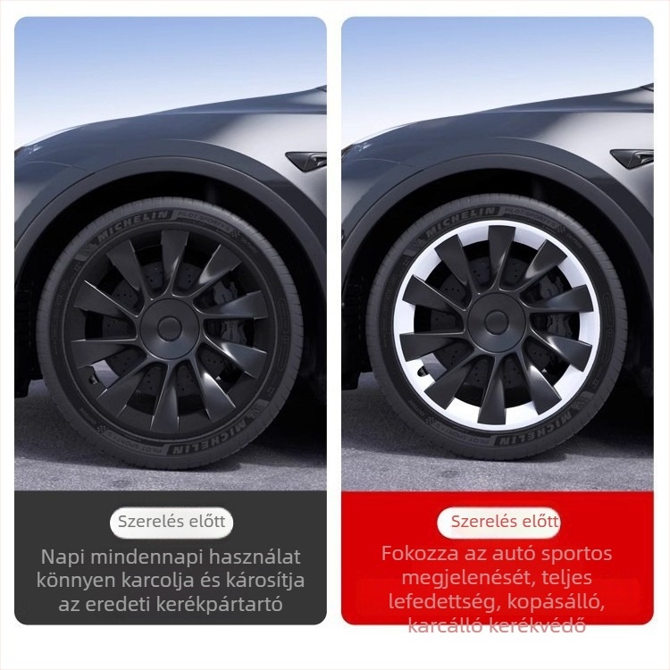 Tesla Model Y középfedél teljes burkolattal, karcolás elleni védelem, felni módosítási kiegészítő