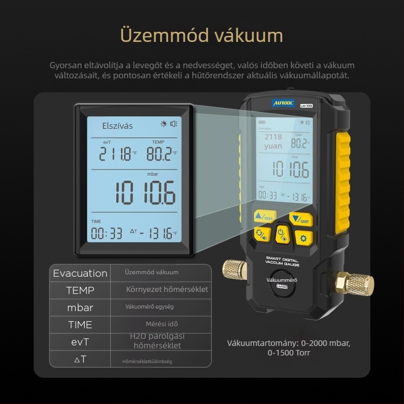 Autool LM100 Digitális Vákuumnyomásmérő Autóklímához – Kiváló Pontosságú Szivárgásdetektor