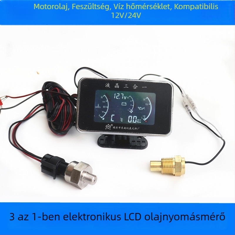 Univerzális LCD 12–24V-os 3-in-1 műszer: olajnyomás, feszültség és vízhőmérséklet autókhoz és teherautókhoz
