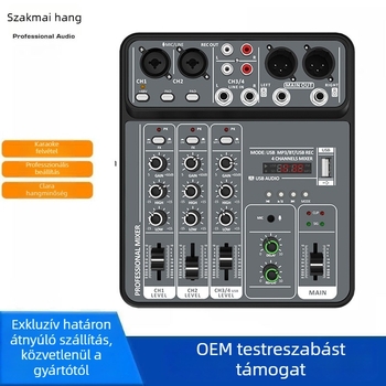 Phonomones 4‑csatornás USB-mixer felvételhez és élő közvetítéshez — kompakt otthoni karaoke, értekezletek és színpad számára; súly 0,55 kg; 5V tápegység; tartozék: USB-C adatkábel és felhasználói útmutató