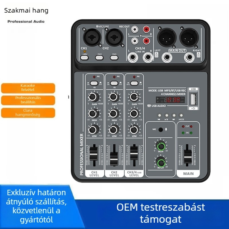 Phonomones 4‑csatornás USB-mixer felvételhez és élő közvetítéshez — kompakt otthoni karaoke, értekezletek és színpad számára; súly 0,55 kg; 5V tápegység; tartozék: USB-C adatkábel és felhasználói útmutató