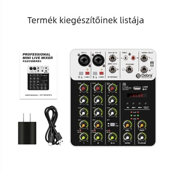 DEBRA 4-csatornás mini keverő, reverb, Bluetooth, audio interfész mobilokra és számítógépekre, énekléshez és élő közvetítéshez, Súly 0,7 kg
