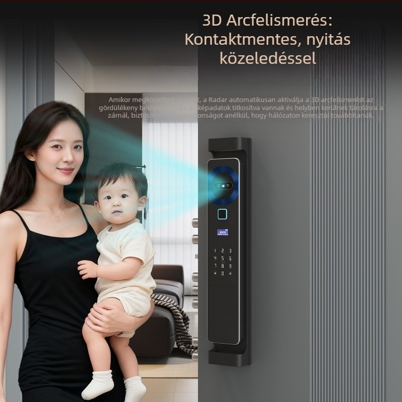 Okos ujjlenyomat-zár ajtóhoz, jelszó és arcfelismerés, videó kapucsengő és valós idejű interkom — 100 ujjlenyomat-tárolás; >2000 nyitás; szkennelési idő <0,1 s; 3D arc + félvezető ujjlenyomat