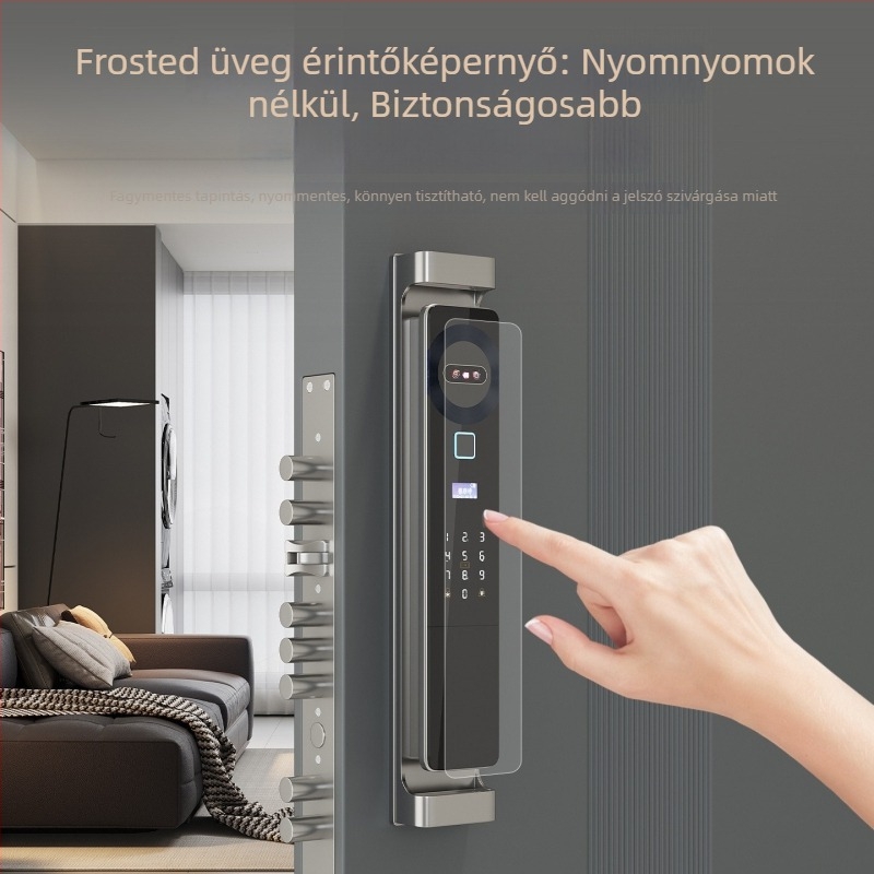 Okos ujjlenyomat-zár ajtóhoz, jelszó és arcfelismerés, videó kapucsengő és valós idejű interkom — 100 ujjlenyomat-tárolás; >2000 nyitás; szkennelési idő <0,1 s; 3D arc + félvezető ujjlenyomat