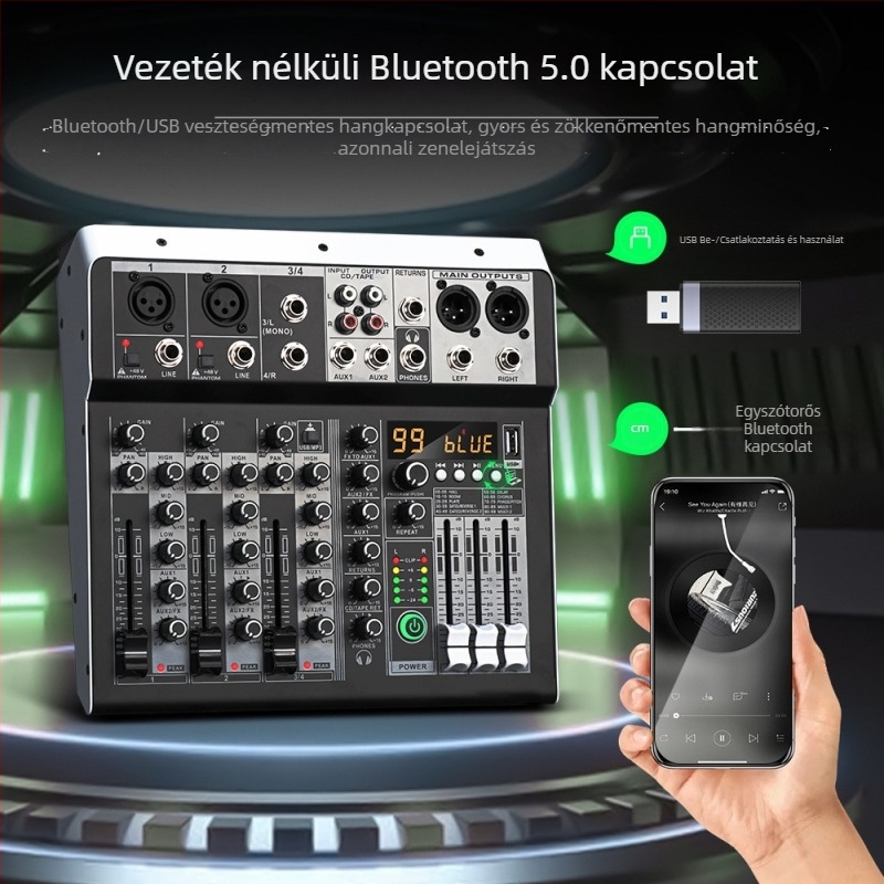ZXI 4 csatornás Bluetooth USB mini keverő beépített hangkártyával színpadra és élő közvetítéshez
