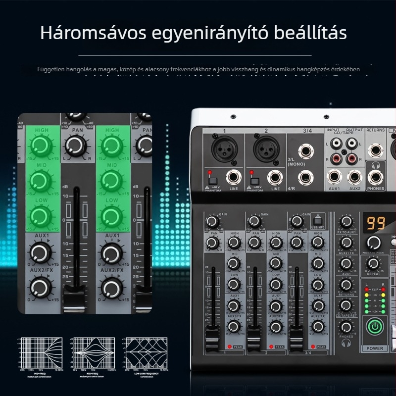 ZXI 4 csatornás Bluetooth USB mini keverő beépített hangkártyával színpadra és élő közvetítéshez