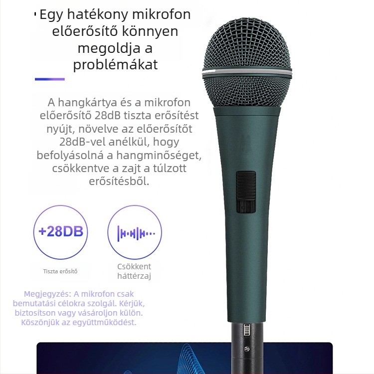 Hordozható dinamikus mikrofon előerősítő (48V tápellátás, beépített hangkártya, zajcsökkentés)
