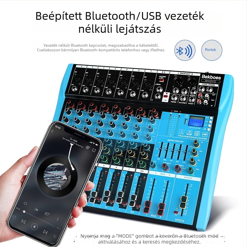 Professzionális 7-csatornás hordozható audio keverő phantom power-rel, USB és Bluetooth