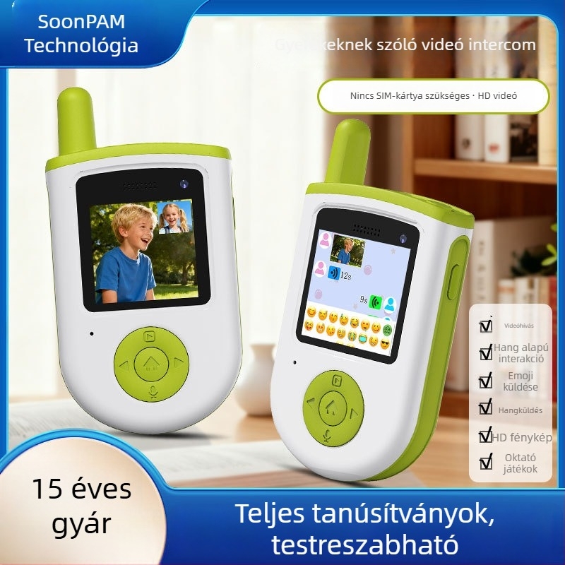 Gyerekeknek szóló videóinterkom 1,5 km hatótávval, RF 0,5W kimenet, 2,0 hüvelykes IPS kijelző, csúszásmentes, akkumulátor nélkül