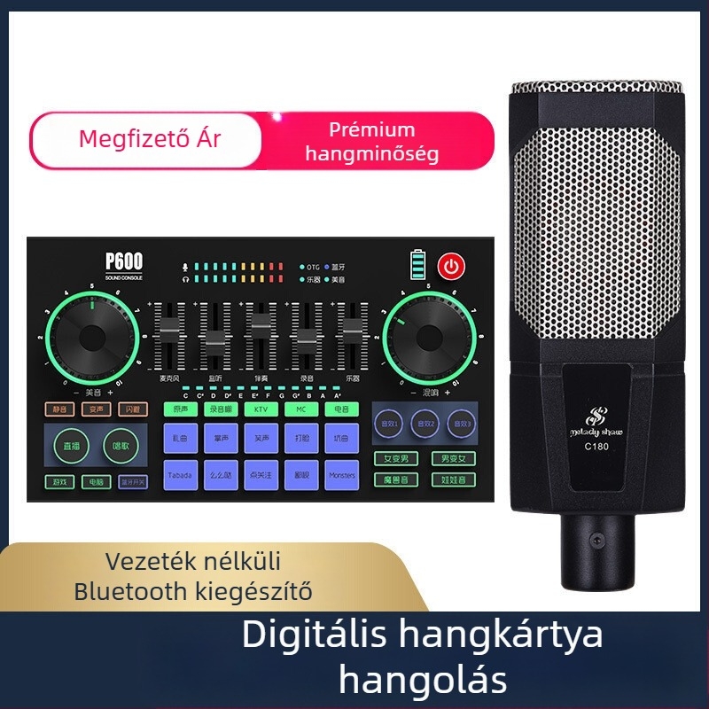 Élő hangkártya mikorral – Bluetooth 5.0, beépített 2000–4000 mAh akkumulátor, frekvencia-válasz 60 Hz–15 kHz, SNR ≥75 dB, modell P600PRO