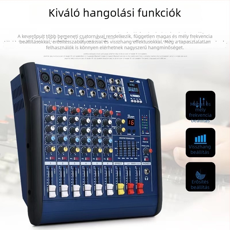 USB‑Bluetooth DSP effektek esküvői keverővel, 4 csatornás keverő beépített erősítővel