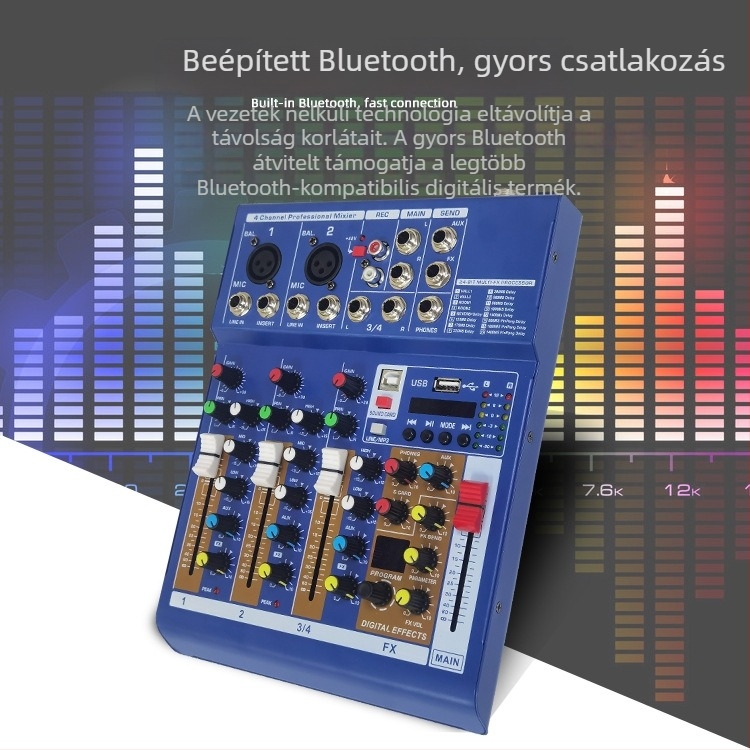 F4Pro DJ-mixer konzol USB audió interfésszel és Bluetooth-kapcsolattal, otthoni PC-használatra