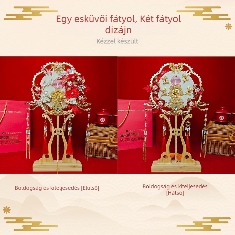 Esküvői kézi legyező - kétoldalas textilekből, kézzel készített, ajándékba megfelelő