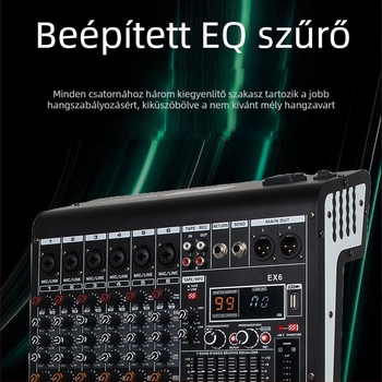 Professzionális 8-csatornás audió keverő, reverb, 7-sávos EQ, USB és Bluetooth a színpadhoz